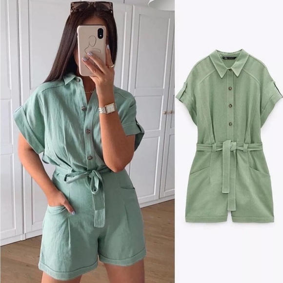 Zara Linen topstitched jumpsuit in light green Size XS Minimalist Beachy - Picture 3 of 9